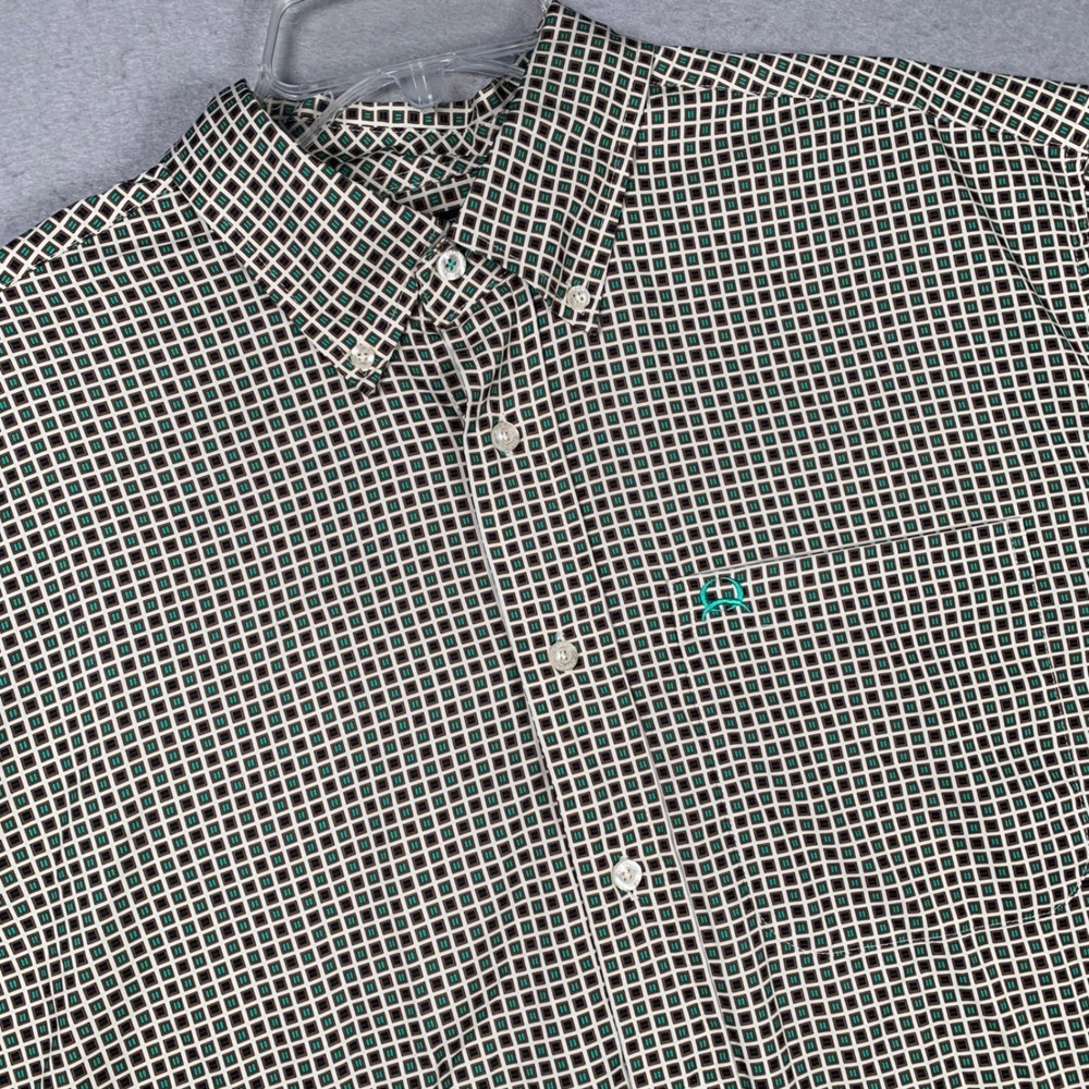 Cinch Button Down Shirt Mens Medium Tan Green Geometric Short Sleeve Lightweight
